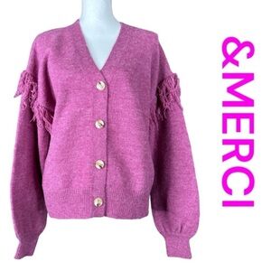 &MERCI Button Front Cardigan, Heathered-Raspberry Color, Size L.
